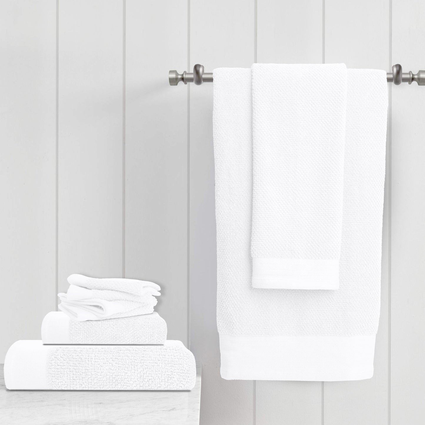 Tens Towels 8 Pack Popcorn 2 Large Bath Towels, 2 Hand Towels, 4 Washcloths (WHITE)