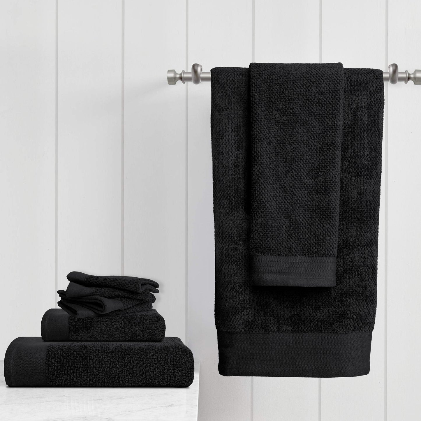 Tens Towels 8 Pack Popcorn 2 Large Bath Towels, 2 Hand Towels, 4 Washcloths, (BLACK)