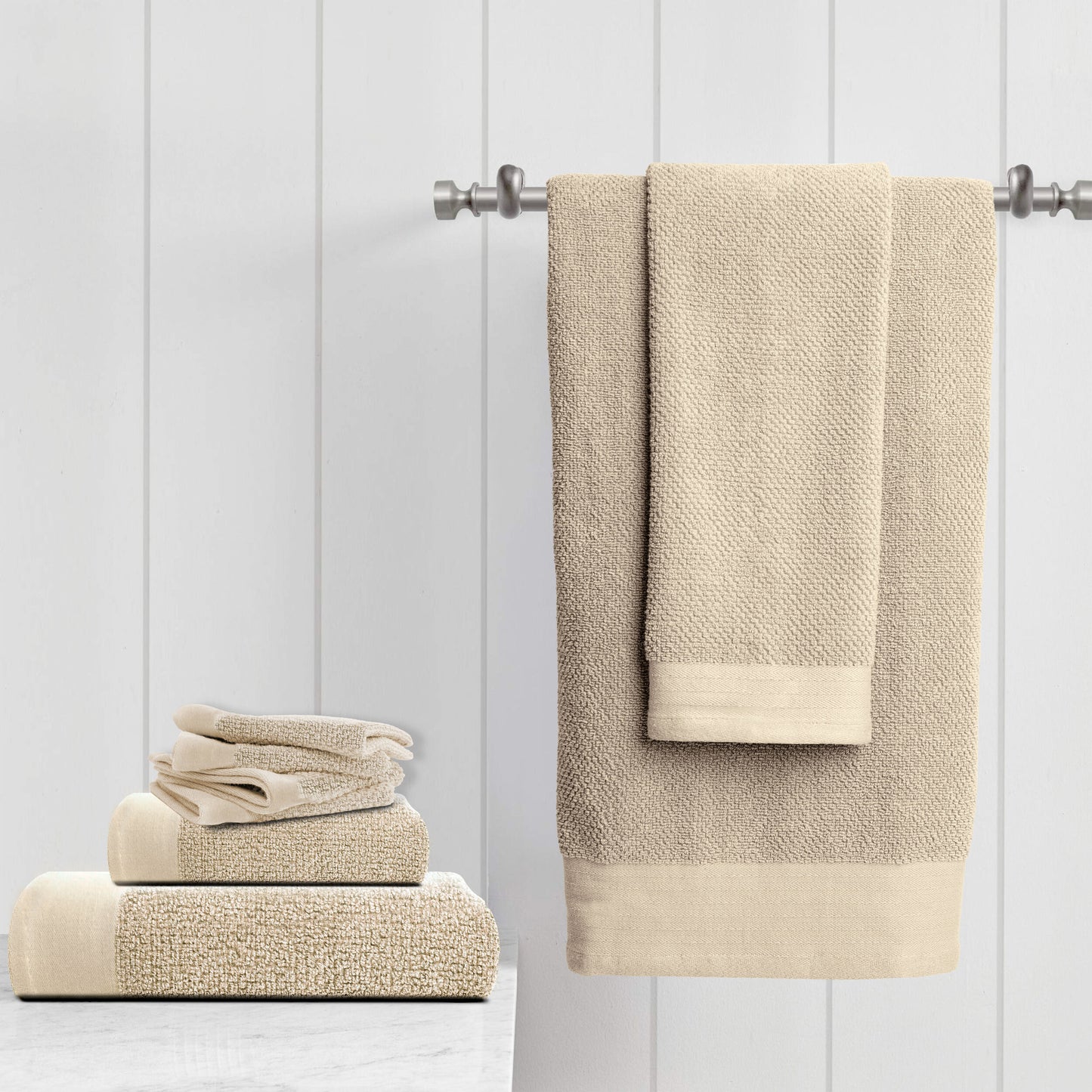 Tens Towels 8 Pack Popcorn Towels Set, 2 Large Bath Towels, 2 Hand Towels, 4 Washcloths (BEIGE)
