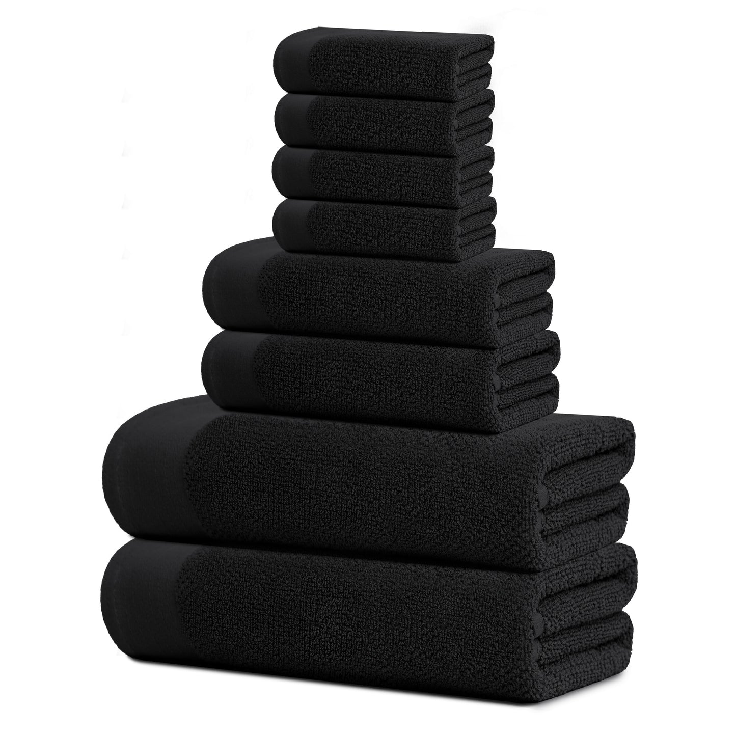 Tens Towels 8 Pack Popcorn 2 Large Bath Towels, 2 Hand Towels, 4 Washcloths, (BLACK)