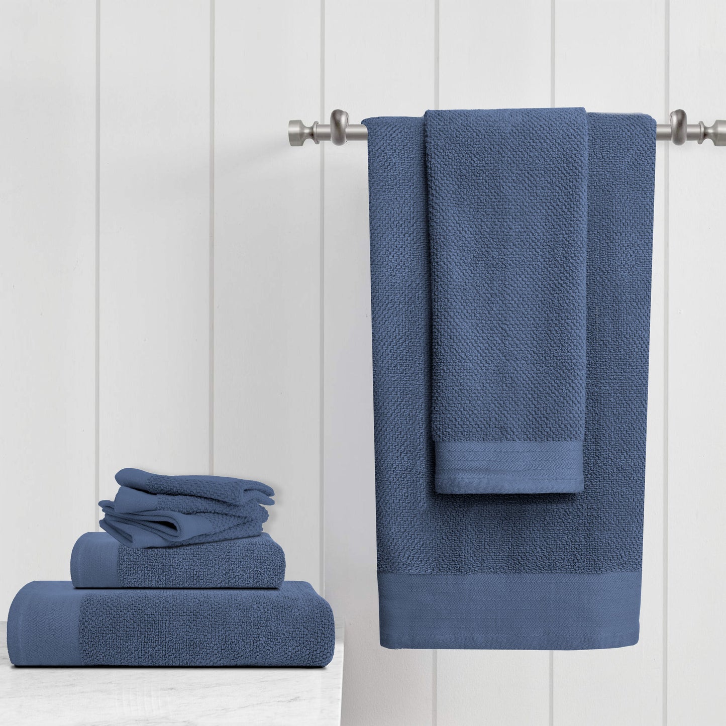 Tens Towels 8 Pack Popcorn Towels Set, 2 Large Bath Towels, 2 Hand Towels, 4 Washcloths (Denim Blue)